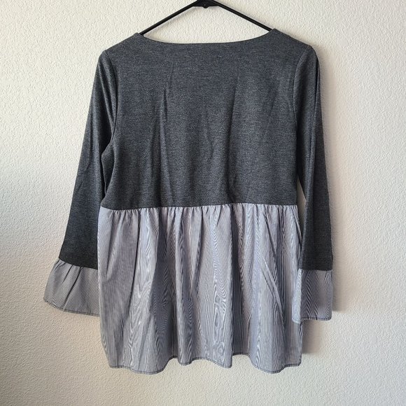 LOFT US Women's Size XS Mixed Media 3/4 Sleeve Top Ruffle Sleeve Gray Stretch - Picture 3 of 8